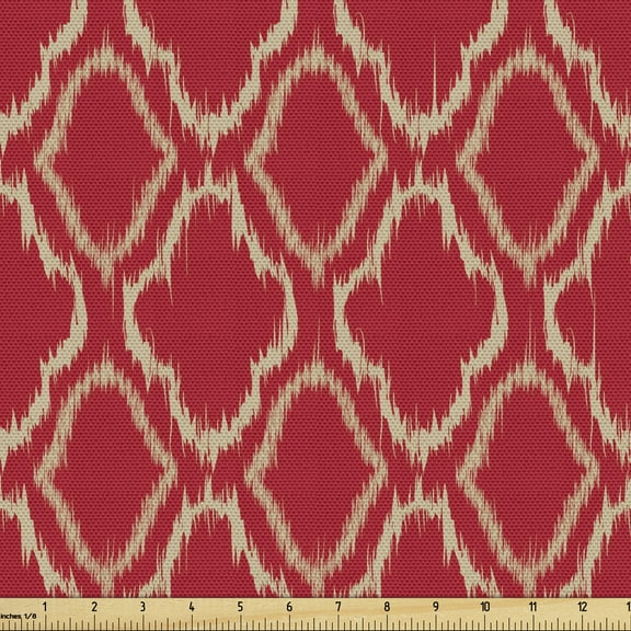 Ambesonne Trellis Fabric by the Yard Upholstery, Tie Dye Ikat Fashion, 2 Yards, Ruby Ecru