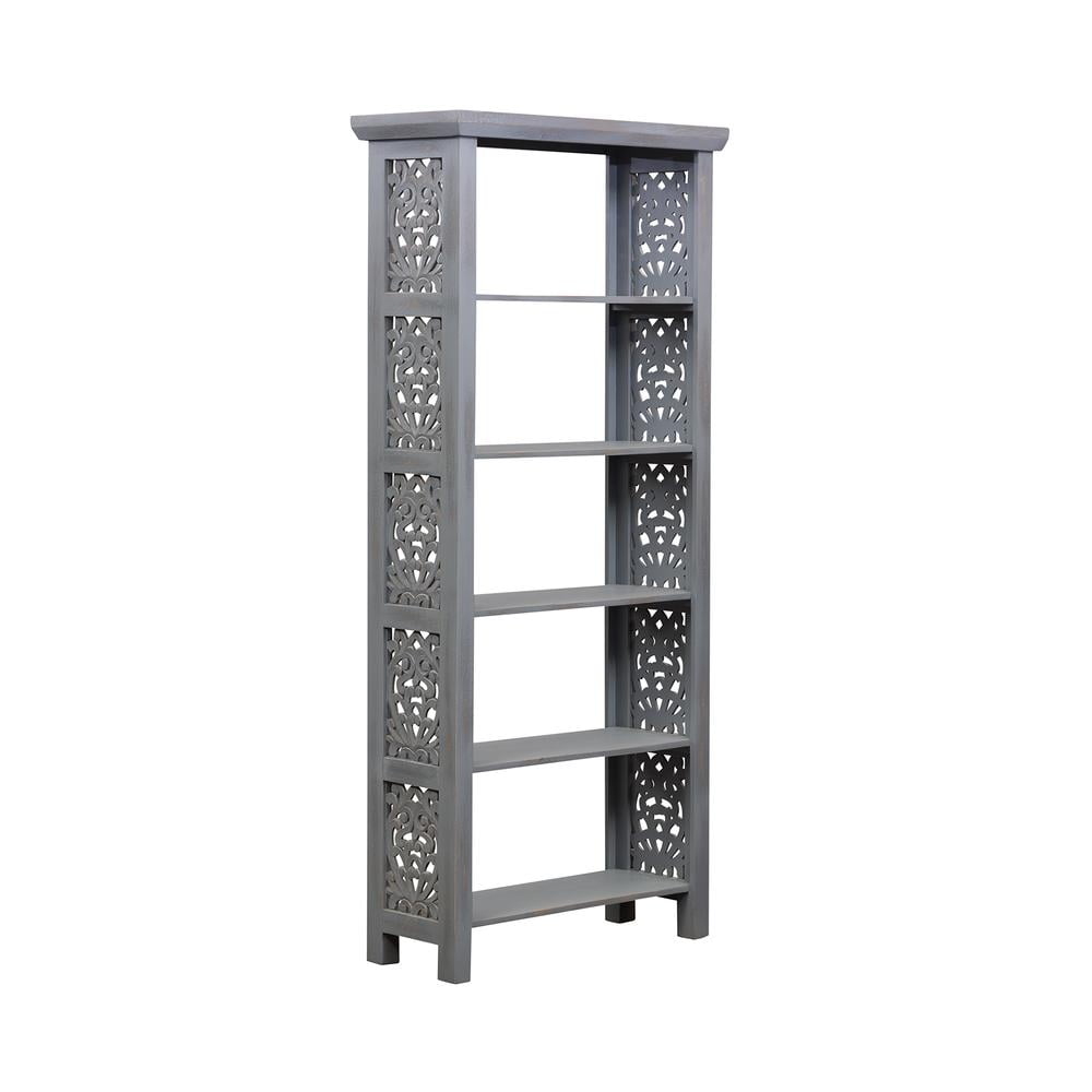 Gray Mango Wood 5-Shelf Accent Bookcase with Carved Panels