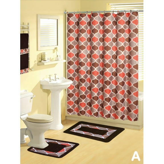 Trellis Multi-Color 17-Piece Bath Rug Shower Curtain Set with Hooks & Towels