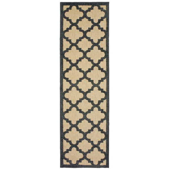 Oriental Weavers Cayman Indoor/Outdoor Rug - 660N9 - 2'3" x 7'6" - in Sand/ Charcoal - Moroccan Lattice, Multi-Level Pile, Water, Stain and Fade Resistant, Hose Clean, Patio, Outdoor Living Rug