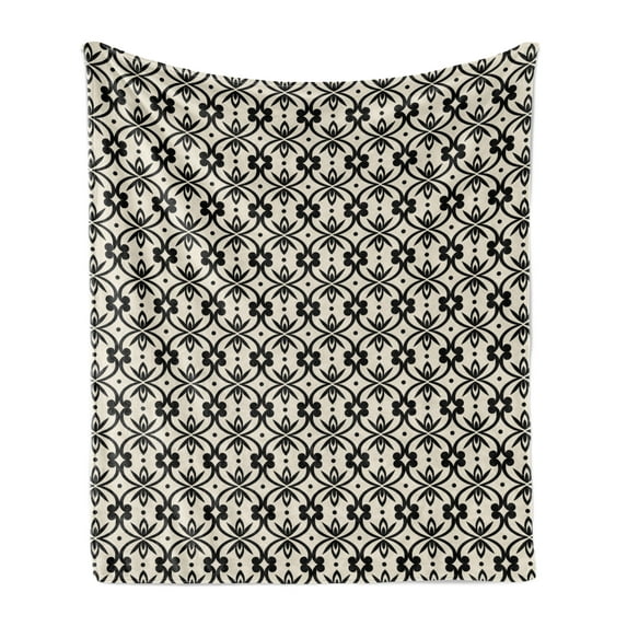 Trellis Soft Flannel Fleece Throw Blanket, Abstract Floral Details Polka Dots and Strokes Antique Vintage, Cozy Plush for Indoor and Outdoor Use, 60" x 80", Eggshell Charcoal Grey, by Ambesonne