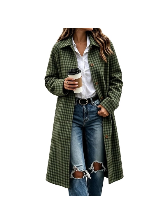 Women Duster Coat Button Front Plaid for Fall