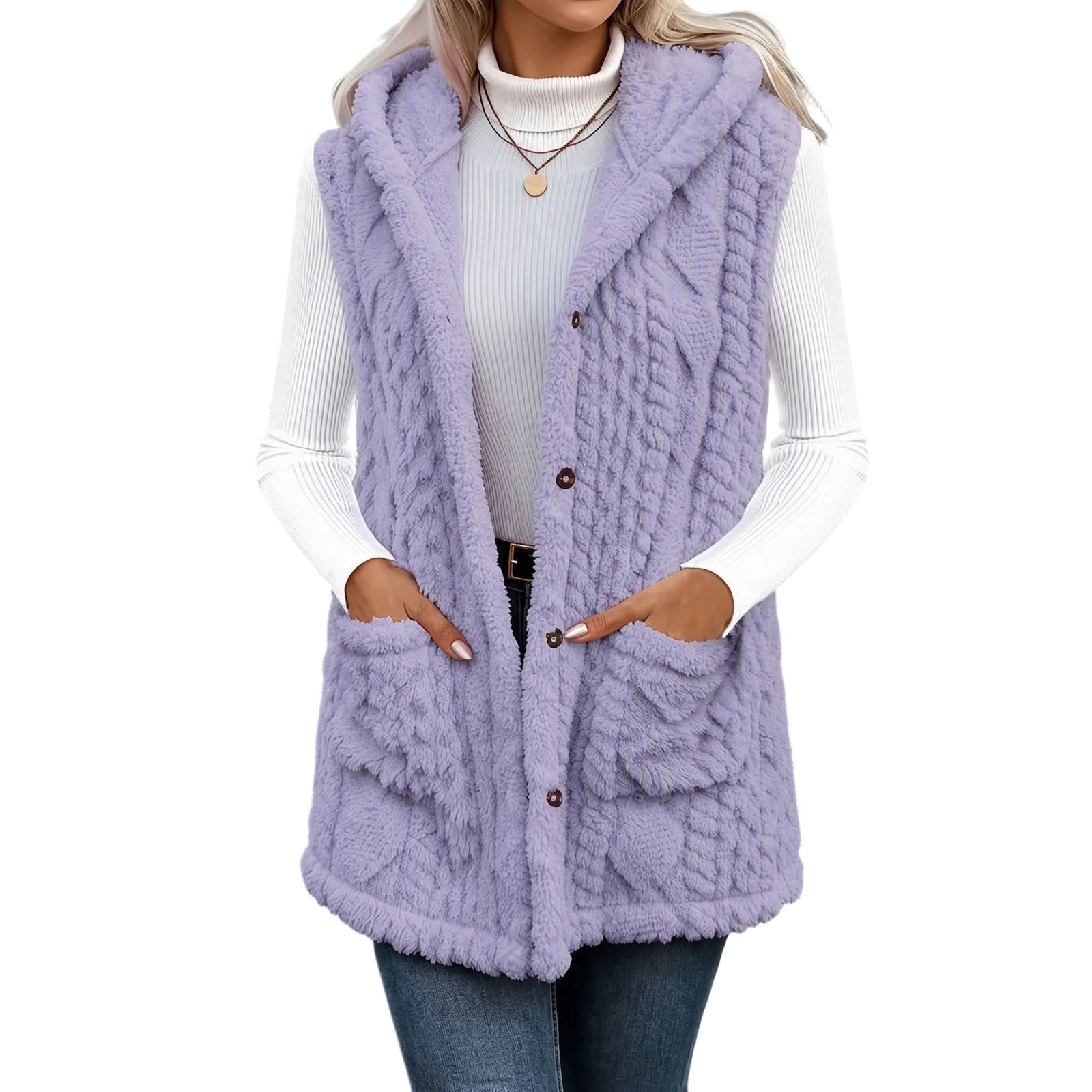 Treluxia Women Vests Button Front Hooded Sleeveless Solid Relaxed Fit ...