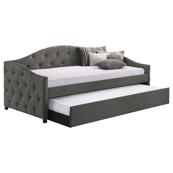 Tremont Grey Upholstered Twin Daybed with Trundle | Transitional Bedroom Furniture | Comfortable Tufted Camelback Design | Includes Pull-Out Trundle | 82.75" W x 42.25" D x 35.25" H