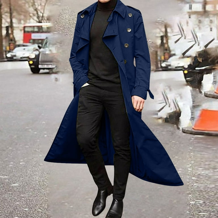 Trench Coat For Men Winter Fashion Long Trench Coat Easy Color Warm Lapel  Coat Business Casual Coat BlueS 