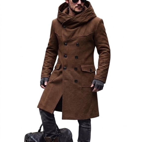 Trench Coat Men Double Breasted Business Wrap Hooded Long Jacket With Pockets Casual Knee Length Winter Overcoats