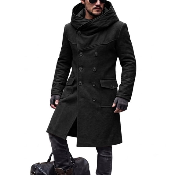 Trench Coat Men Double Breasted Business Wrap Hooded Long Jacket With Pockets Casual Knee Length Winter Overcoats