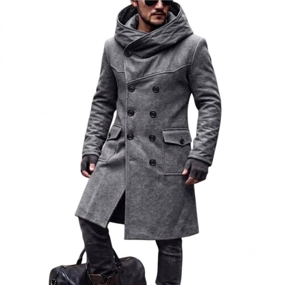 Trench Coat Men Double Breasted Business Wrap Hooded Long Jacket With Pockets Casual Knee Length Winter Overcoats