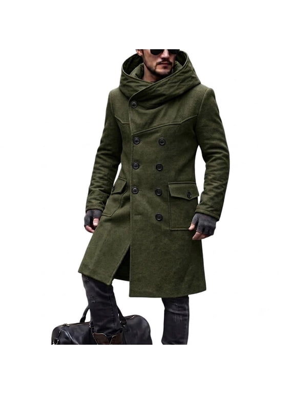 Trench Coat Men Double Breasted Business Wrap Hooded Long Jacket With Pockets Casual Knee Length Winter Overcoats