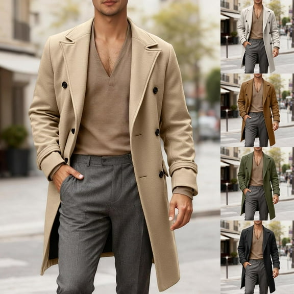Trench Coat Men Long Length Button Down Lapel Business Overcoat Oversized Windbreak Winter Warm Casual Outerwear Jackets