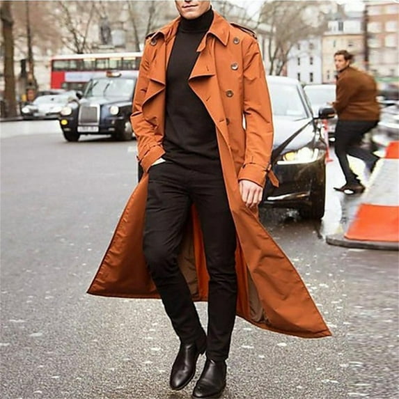 Trench Coat Men Long,Mens Single Breasted Trench Coat 2024 Fall and Winter Classic Long Solid Color Coat Oversized Warm Lapel Work Business Jacket Cusaul Loose Fit Outerwear