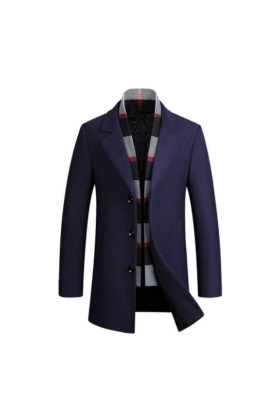Trench Coat Men Long Winter Woolen Overcoat Pockets Button Turn-down Collar Scarf Warm Wool Overcoat