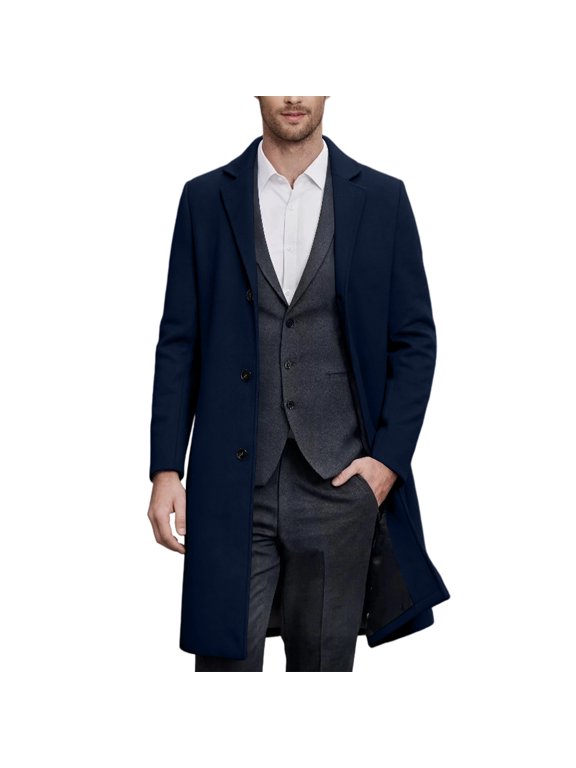 Trench Coat Men Single Breasted Lapel Long Pea Winter Coats Business Formal Casual Winter Suit Jacket Overcoat for Men, M