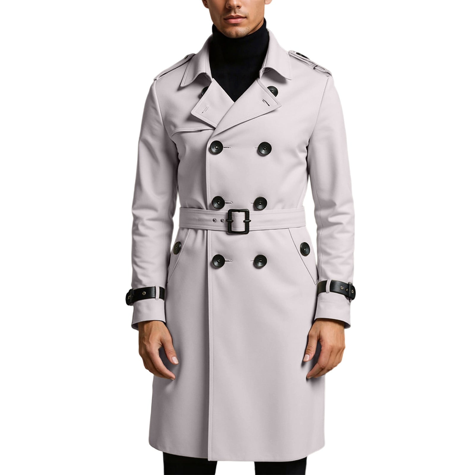 Mens Trench Coat Slim Fit Notched Collar Jacket Fall Winter Wool