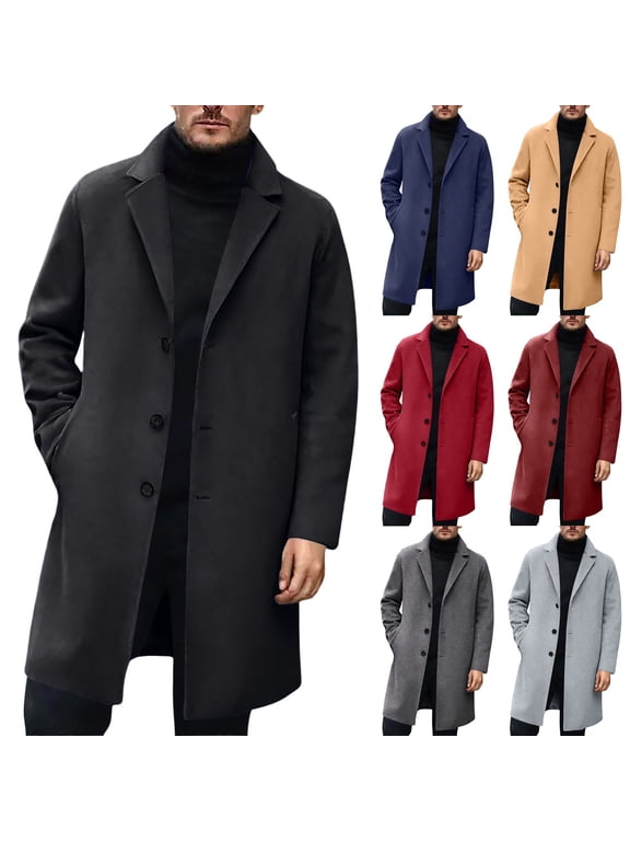 Trench Coat Men Wool Long Casual Slim Fit Notched Collar Corduroy Jacket Overcoat One Peacoat Business Dress Coats with Pockets #01 Black, Size M