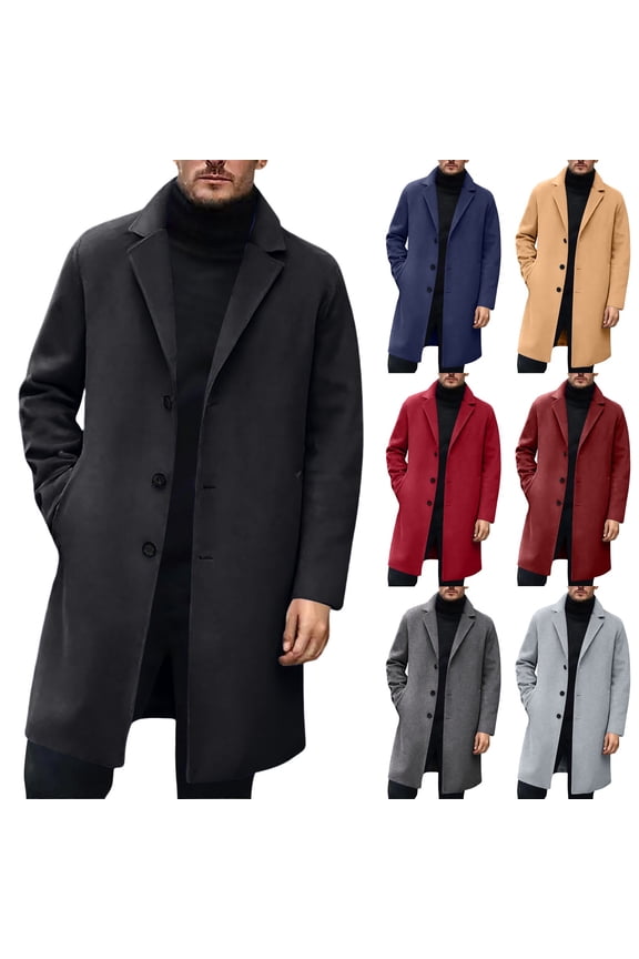 Trench Coat Men Wool Long Casual Slim Fit Notched Collar Corduroy Jacket Overcoat One Peacoat Business Dress Coats with Pockets #01 Khaki, Size M