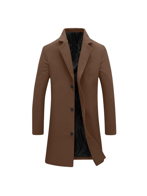 Trench Coat Men Wool Mid Lenght Pea Coat Notched Collar Single Breasted Overcoat Business Casual Winter Jacket with Pockets