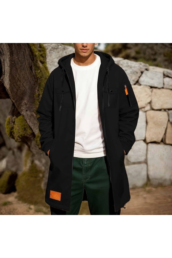 Trench Coat Men Zip Up Hooded Mid Length Windrbreaker Jackets (Black S)