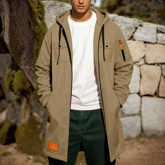 Trench Coat Men Zip Up Hooded Mid Length Windrbreaker Jackets (Khaki M)
