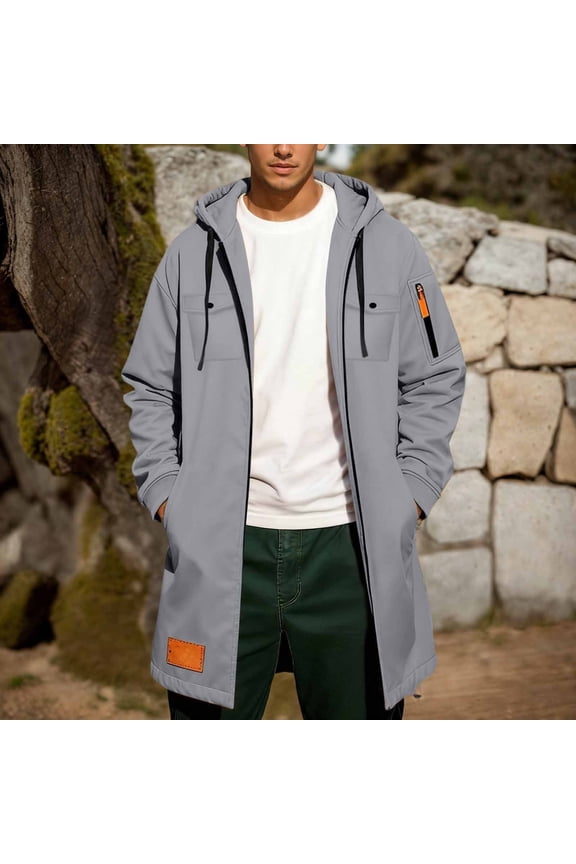 Trench Coat Men Zip Up Hooded Mid Length Windrbreaker Jackets (Light Gray XXXL)