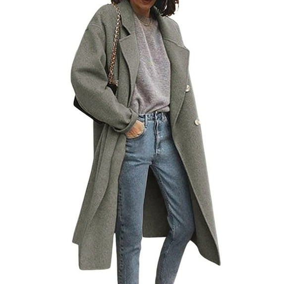 Trench Coat Women Double Breasted Notched Collar Jacket Mid Long Wool Blend Peacoat Fall Winter Coat Casual Overcoat