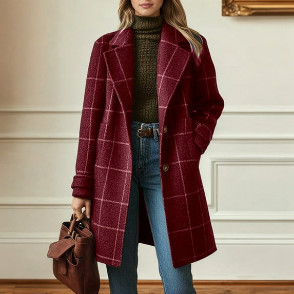 Trench Coat Women Notch Lapel Plaid Peacoat with Single Button Design Mid Length Knee High Overcoat with Pockets Spring Women Clothes Color Size M
