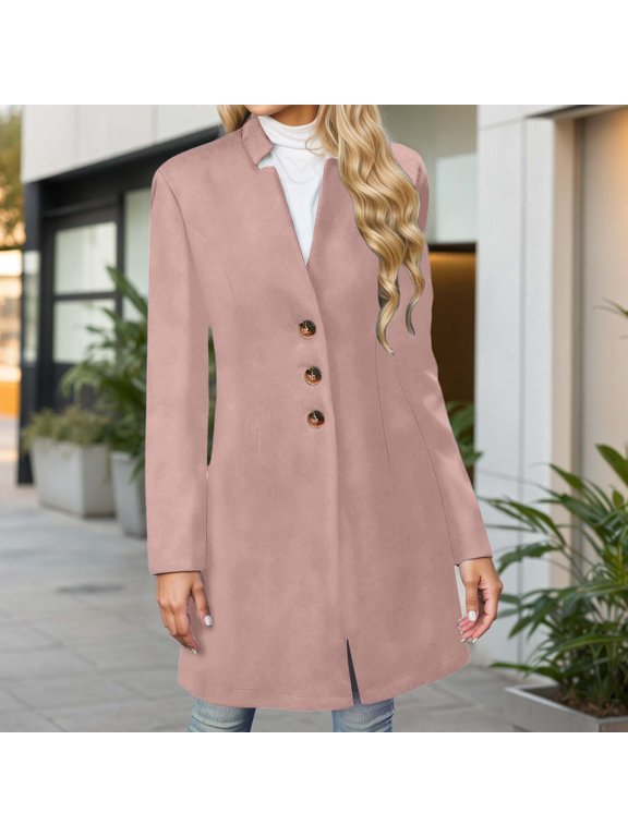 Trench Coat Women Single- Wool Blend Peacoat (Pink XXL)