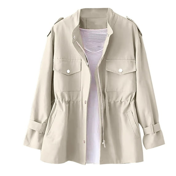 Trench Coat Women Winter Jackets for Women Women's Long Sleeves Stylish Solid Color Windbreaker Fashionable Waistband Zipper Round Casual Outwear