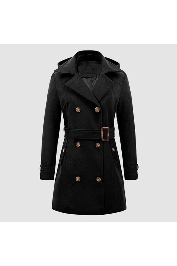 Trench Coat Women Wool Blend Double-Breasted Long Peacoat With Tapered Waist Belt Design Winter Coats for Women (Black XL)