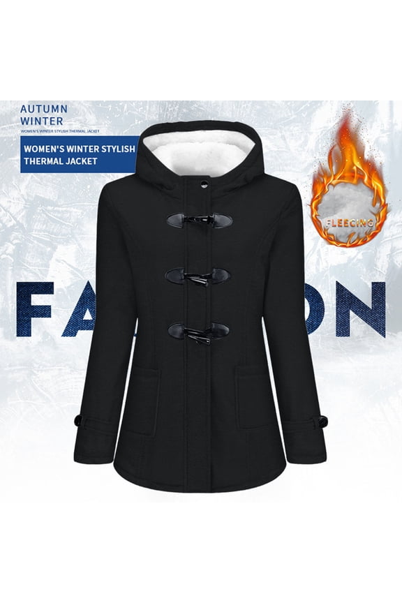 Trench Coat Women Wool Blend Hooded Peacoat Warm Sherpa Lined Bullhorn Button Winter Jacket (Black XXXS)