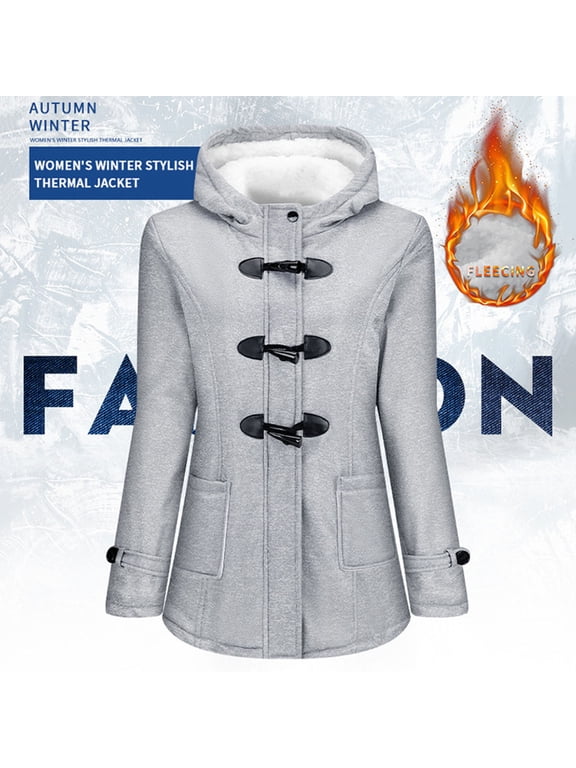 Trench Coat Women Wool Blend Hooded Peacoat Warm Sherpa Lined Bullhorn Button Winter Jacket (Light Gray S)
