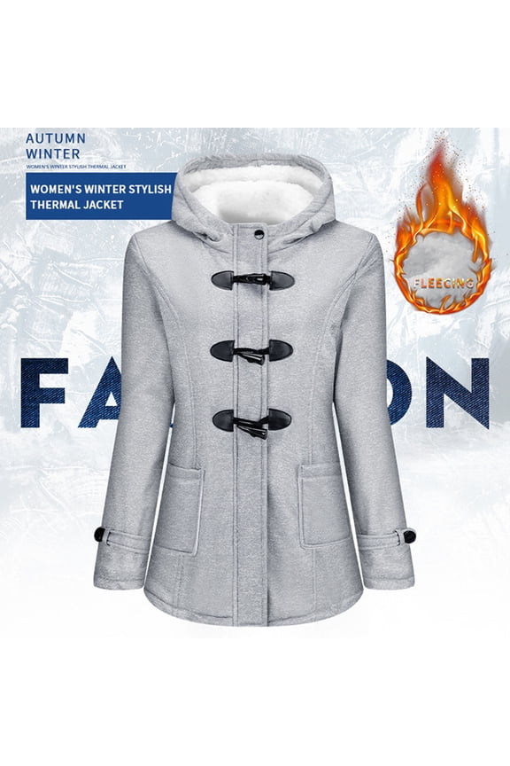 Trench Coat Women Wool Blend Hooded Peacoat Warm Sherpa Lined Bullhorn Button Winter Jacket (Light Gray S)