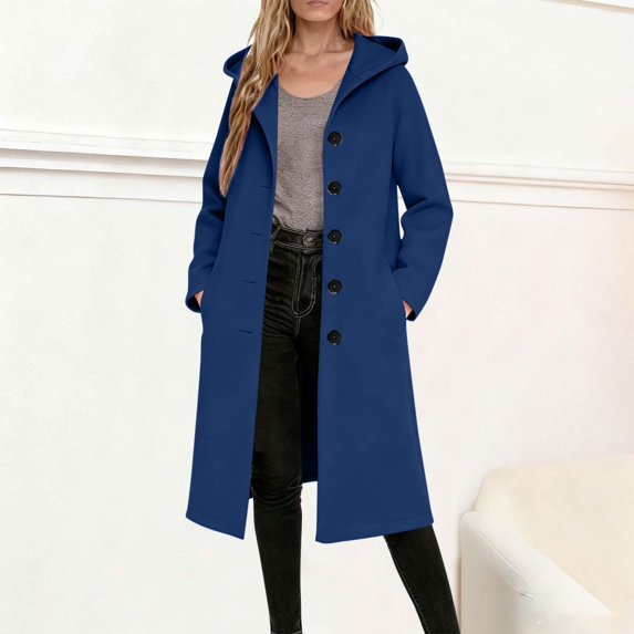 Trench Coat Women with Hood Single Peacoats (Blue L)