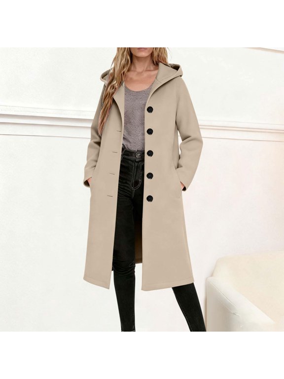 Trench Coat Women with Hood Single Peacoats (Khaki S)