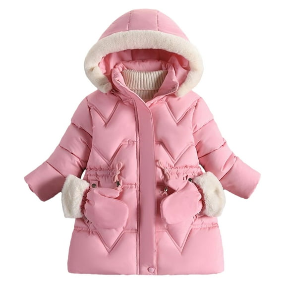 Trench Coat for Girls Hooded Fleece-Lined Soild Color Print Toddler Zip Up Strip Kids Snow Overcoats with Glove Pockets( 2XL,Pink)