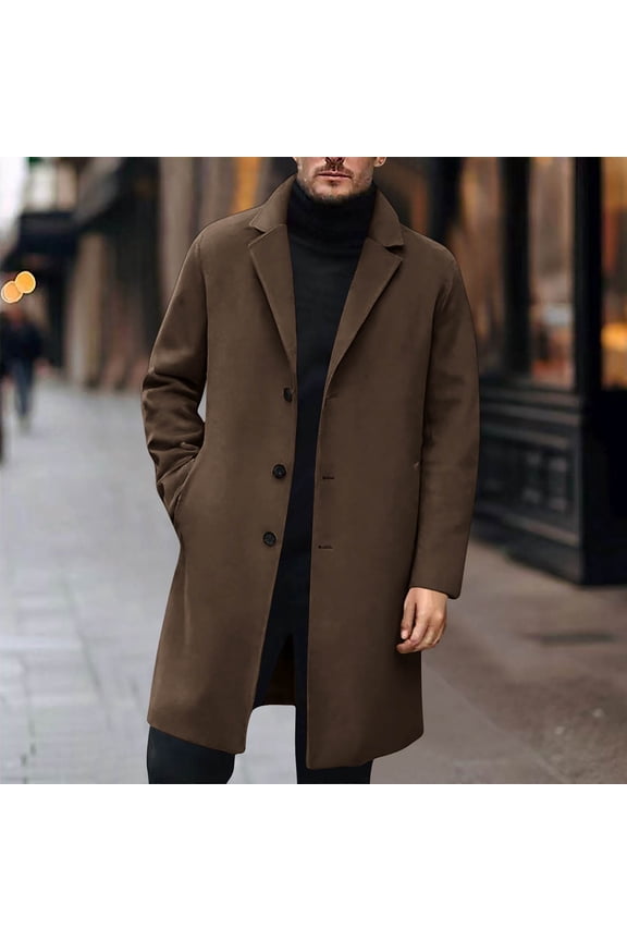 Trench Coat for Men Notched Collar Wool Jacket Business Casual Winter Warm Slim Fitted Vintage Overcoat New Mens Jackets Fall Fashion Brown XS