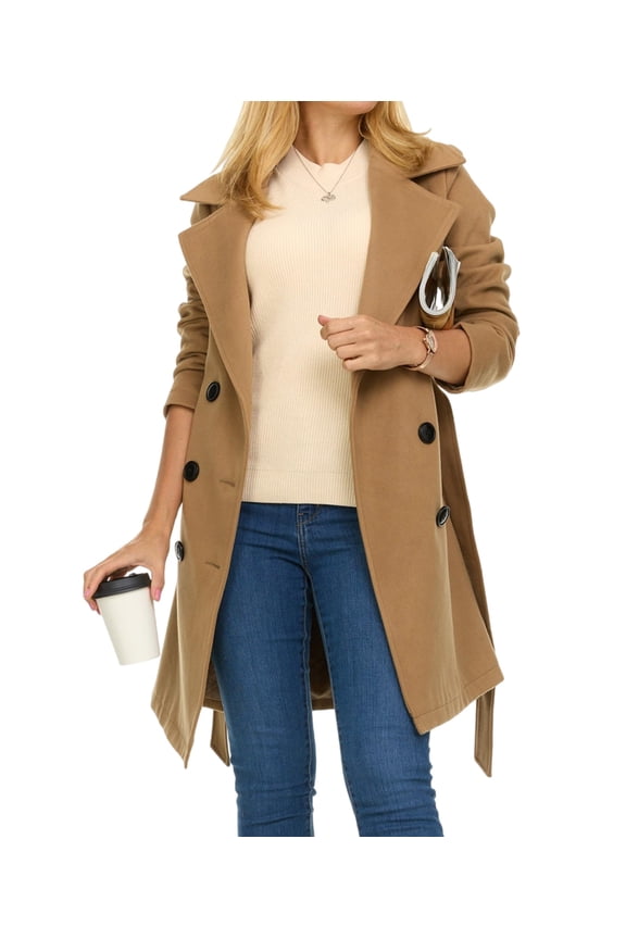 Trench Coat for Women - Double-Breasted Long Winter Faux Wool Coat Camel Color L