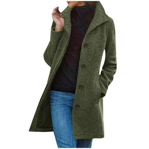 Trench Coat for Women Long Single Breasted Button-Front Pea Coat Wool Fall Winter Jacket Olive Green L