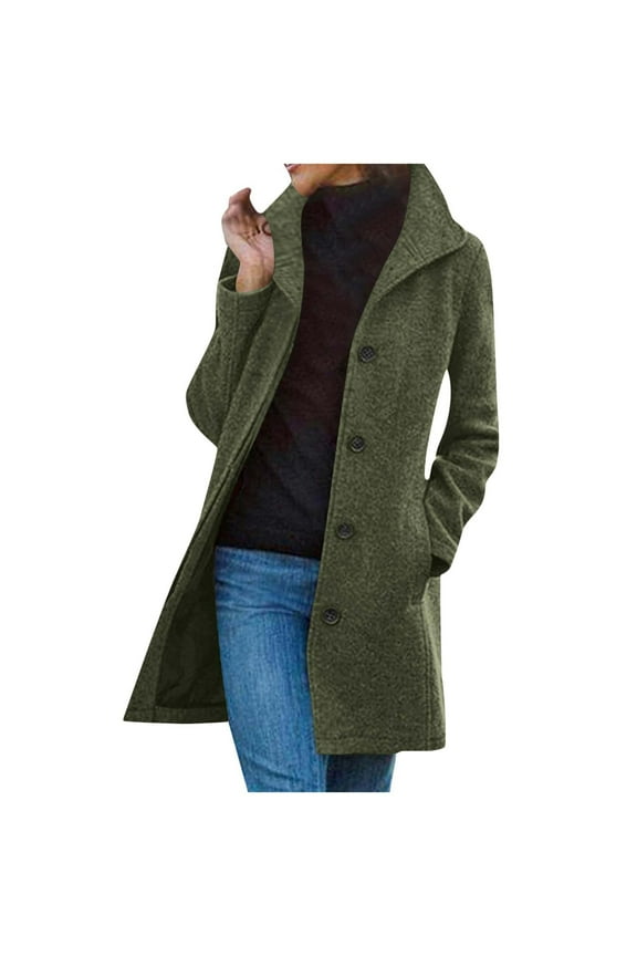 Trench Coat for Women Long Single Breasted Button-Front Pea Coat Wool Fall Winter Jacket Olive Green M