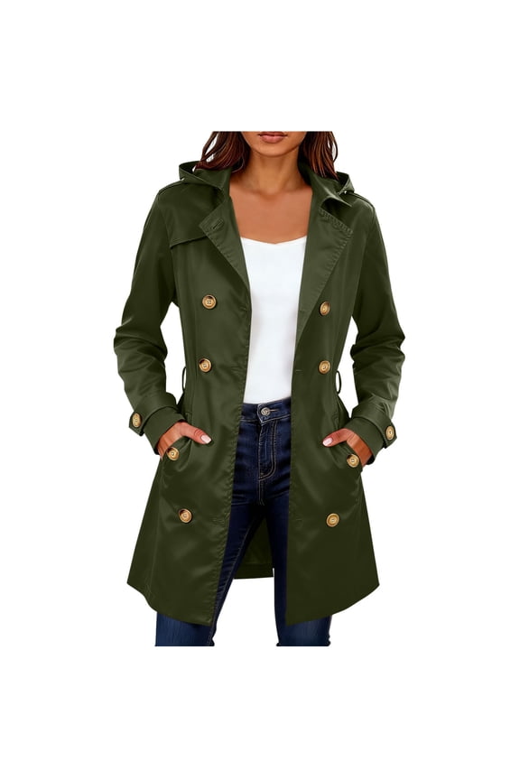 Trench Coat for Women Mid-length Hooded Double Breasted Dressy Casual Pea Coat Belted Fall Jacket with Pockets (L, Green)