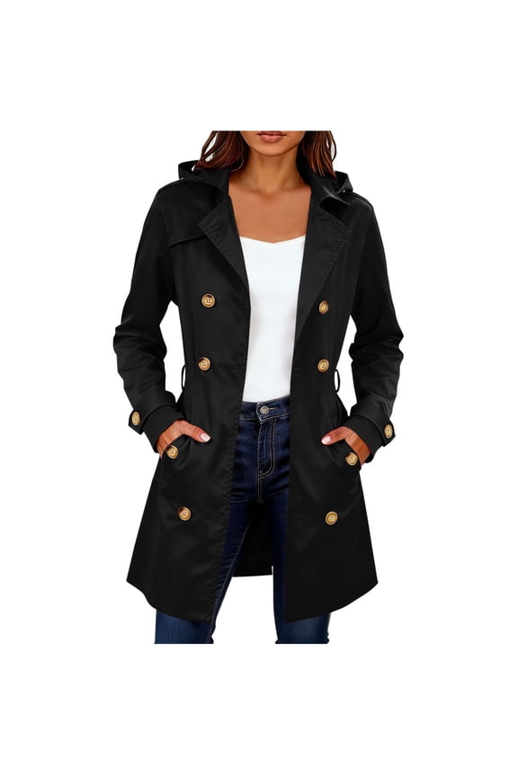 Trench Coat for Women Mid-length Hooded Double Breasted Dressy Casual Pea Coat Belted Fall Jacket with Pockets (XL, Black)