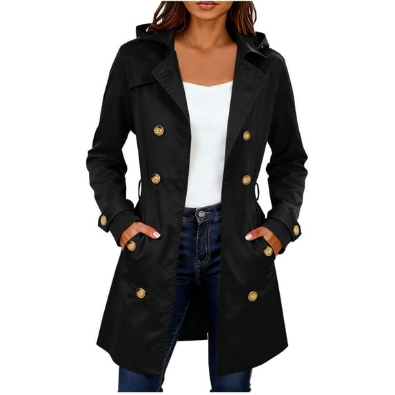 Trench Coat for Women Mid-length Hooded Double Breasted Dressy Casual Pea Coat Belted Fall Jacket with Pockets (XL, Black)