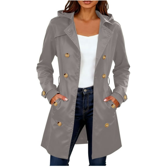 Trench Coat for Women Mid-length Hooded Double Breasted Dressy Casual Pea Coat Belted Fall Jacket with Pockets (XL, Gray)