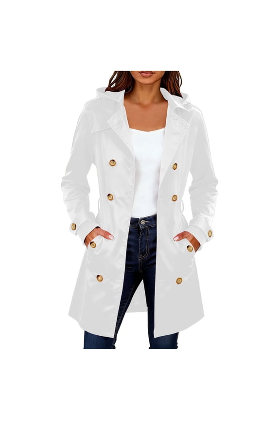 Trench Coat for Women Mid-length Hooded Double Breasted Dressy Casual Pea Coat Belted Fall Jacket with Pockets (XL, White)