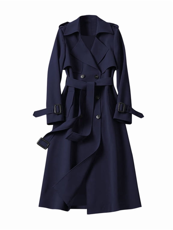 Trench Coat for Women Winter Coats Trench Windbreaker Fit Coat Solid Long Slim Jacket Winter Coats Navy Blue M
