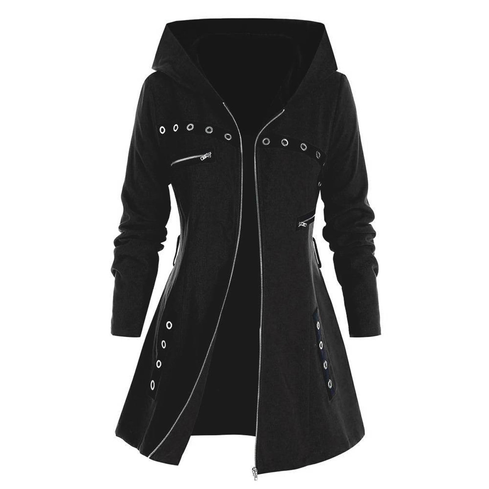Trench Coat for Women Zip Up Hooded Trench Coat Long Sleeve