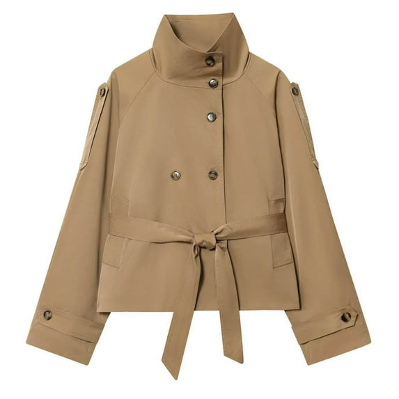 Trench Coat for Women with Belt Dressy Casual Fall Trendy Jacket Stand Collar Single Breasted Short Outerwear (S, Khaki)