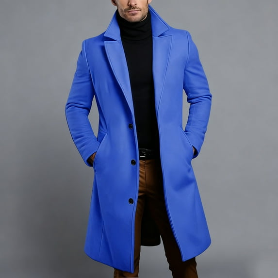 Trench Coats for Men with Pockets Long Sleeve Button-Down Woolen Peacoats Mens Trendy Solid Color Slim Lapel Thermal Warm Business Work Long Jackets