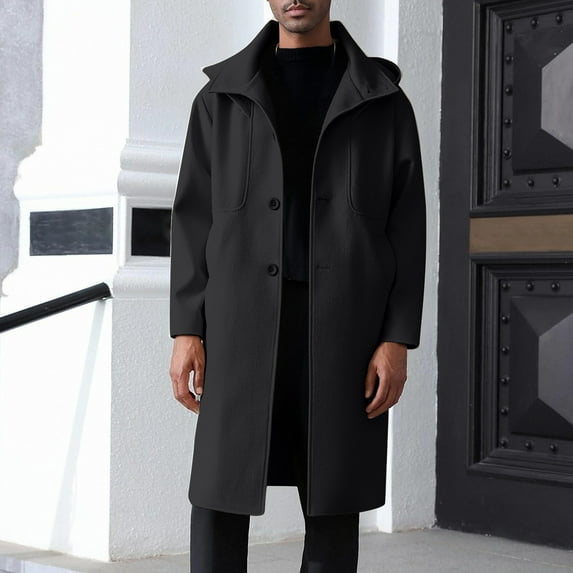Trench Coats for Men with Pockets and Hoodie Button-Down Peacoats Mens Trendy Solid Color Long Sleeve Mock Neck Thermal Warm Outerwear Jackets