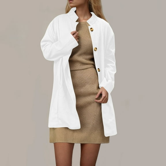 Trench Coats for Women Long Blazers Classic Fit Long Sleeve Button Down No Hood Pea Coats